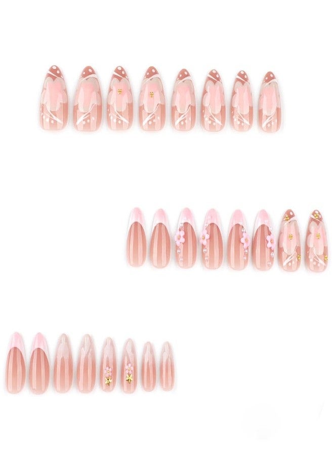 Foccna French Press on Nails Pink Short, 3D Flower Fake Nails Almond Acrylic False Nails White,Artificial Nails for Women and Girls 24pcs - Image 2